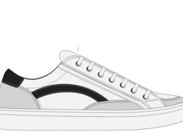 Technical line drawing of a low-top white sneaker with a dark swoosh-shaped overlay and gray heel.